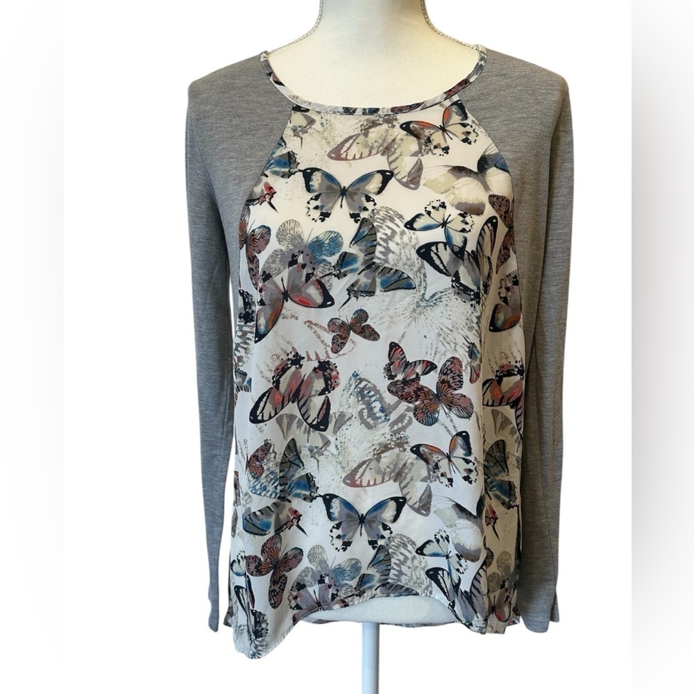 Xhilaration Butterfly Print Long Sleeve Mixed Media Top Size Juniors Medium